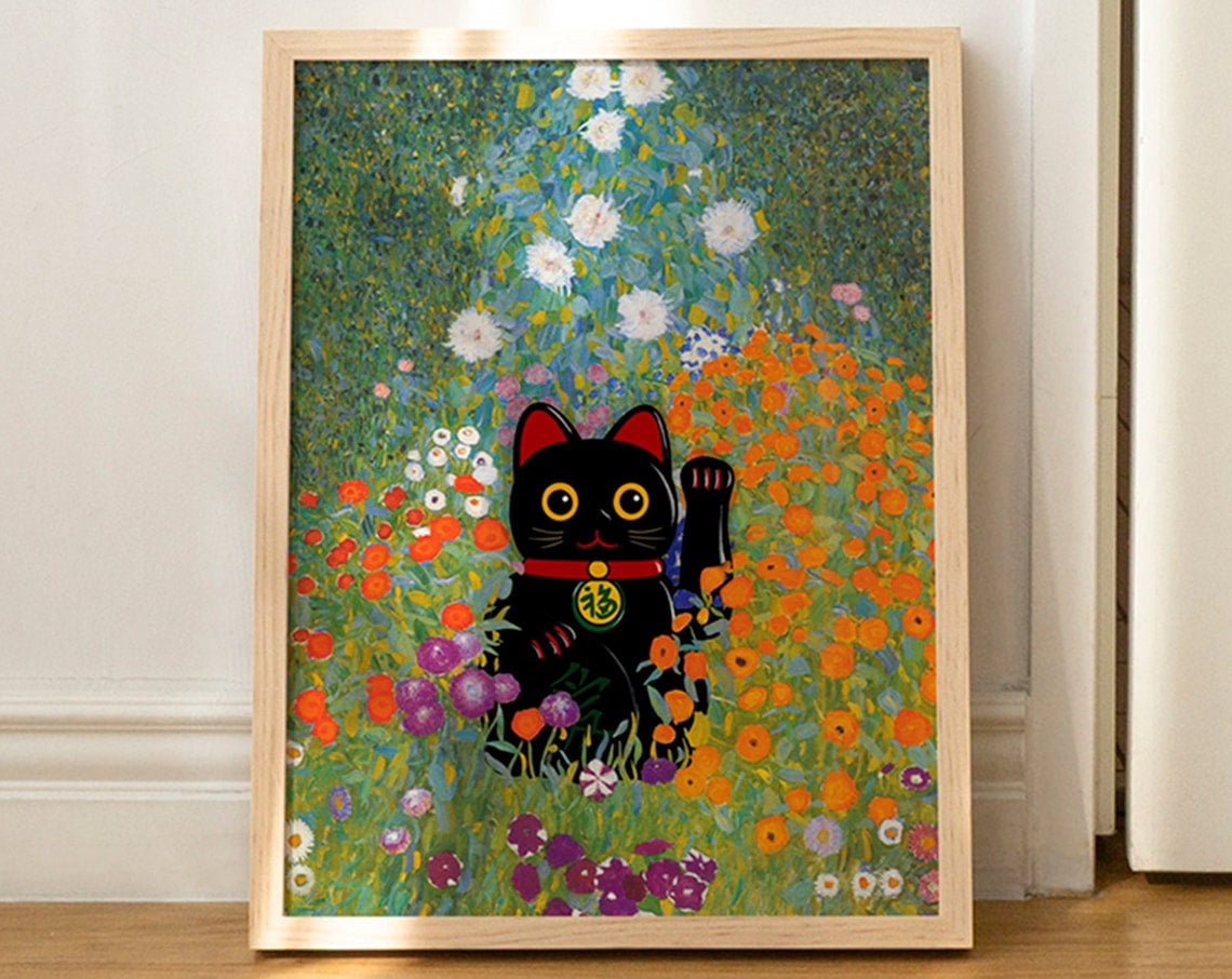Cat Poster Klimt Lucky Cat Print Maneki Neko Art Painting Floral Wall ...