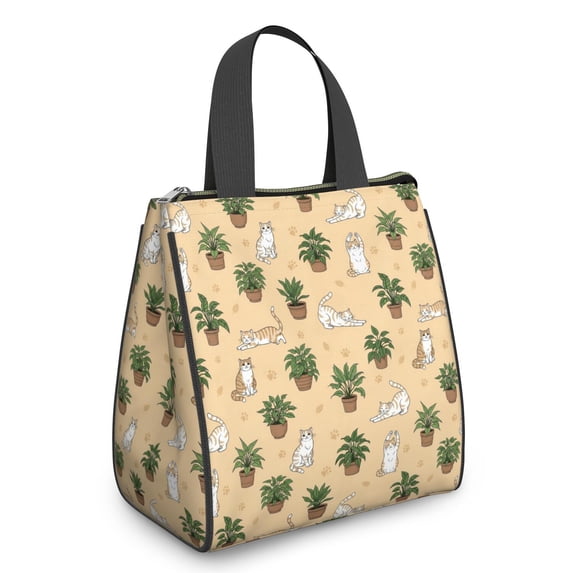 Cat and Potted Plant Beige Pattern Insulated Lunch Bag for Women Men, Large Portable Soft Cooler Tote, Thermal Food Storage Bag with Pearl Cotton, 8.66L, 8.75"x5.75"x9.5"