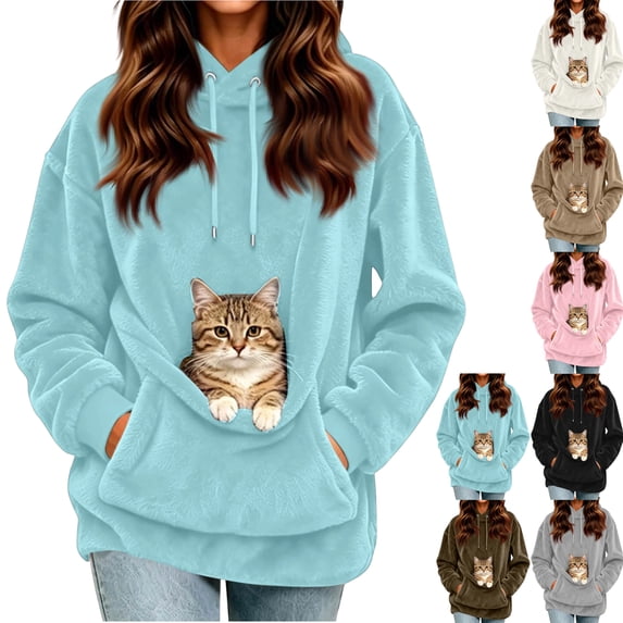 Cat Pouch Hoodie For Women Kangaroo Pocket Dog Pouch Sweatshirts Pet Carrier Animal Holder Long Sleeve Pullover Tops Sky Blue M
