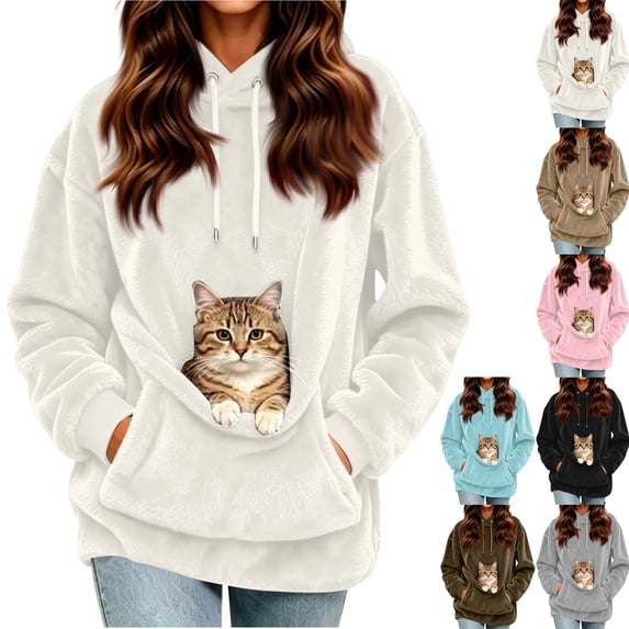 Cat Pouch Hoodie For Women Kangaroo Pocket Dog Pouch Sweatshirts Pet Carrier Animal Holder Long Sleeve Pullover Tops White L