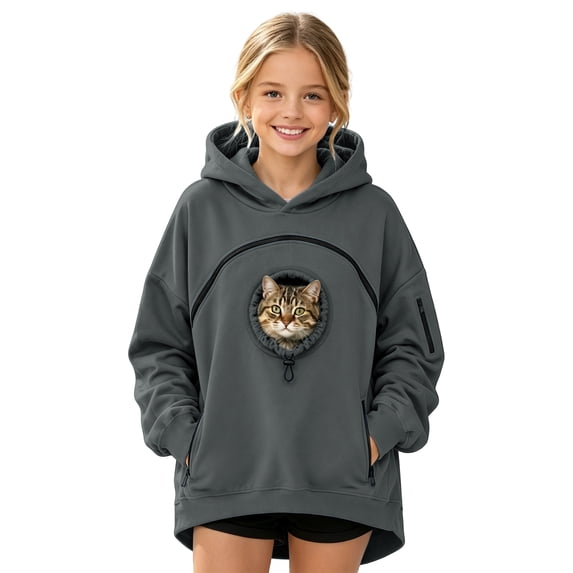 Cat Pouch Hoodie for Kids Girls Boys Kangaroo Pocket Oversized Pet Carrier Hooded Sweatshirts Dog Hoodie with Pouch Fleece Soft Animal Holder Warm Winter Pullover Tops