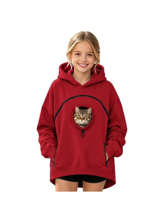 Cat Pouch Hoodie for Kids Girls Boys Kangaroo Pocket Oversized Pet Carrier Hooded Sweatshirts Dog Hoodie with Pouch Fleece Soft Warm Fall Fashion Animal Holder Pullover Tops