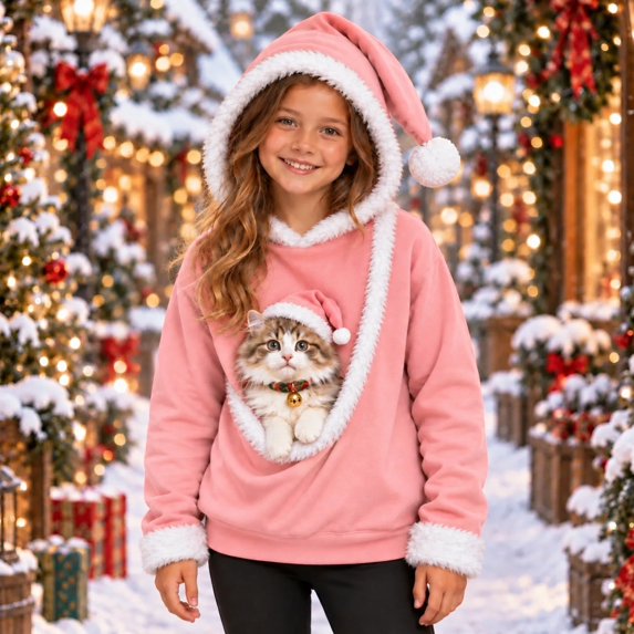 Cat Pouch Hoodie for Kids Girls Boys Kangaroo Pocket Oversized Pet Carrier Pullover Sweatshirt Soft Fleece Hoodie with Dog Pouch Animal Holder Warm Winter Hooded Sweatshirts