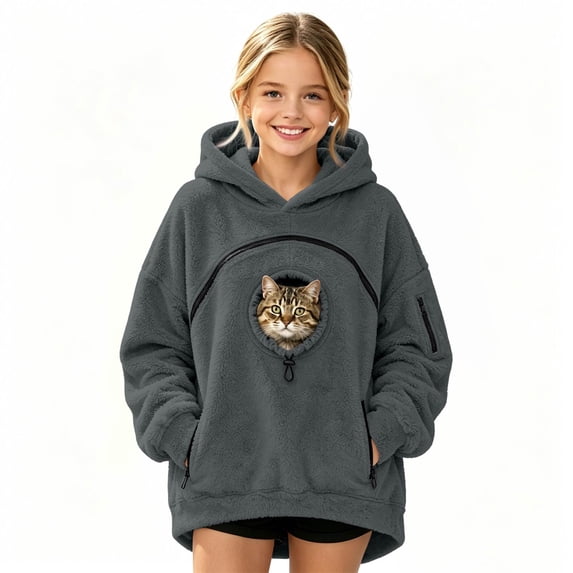 Cat Pouch Hoodie for Kids Girls Boys Pet Carrier Oversized Kangaroo Pocket Hoodie Sweatshirts Dog Hoodie with Pouch Fleece Soft Warm Fall Fashion Animal Holder Pullover Tops