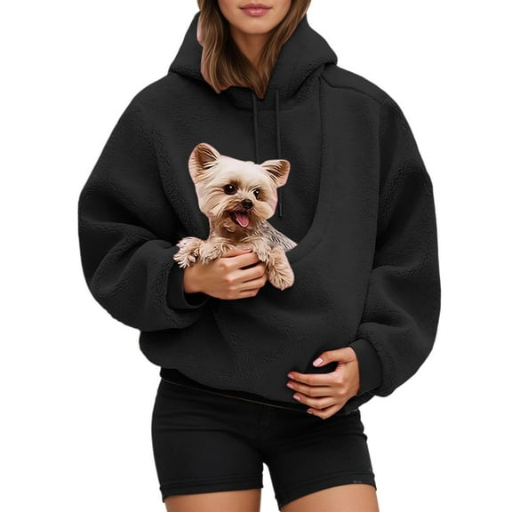 Cat Pouch Hoodie for Women Kangaroo Pocket Dog Pouch Sweatshirts Pet Carrier Pullover Animal Holder Solid Color Tops Black L
