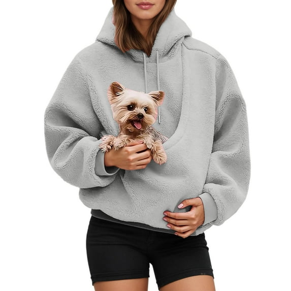 Cat Pouch Hoodie for Women Kangaroo Pocket Dog Pouch Sweatshirts Pet Carrier Pullover Animal Holder Solid Color Tops Gray S