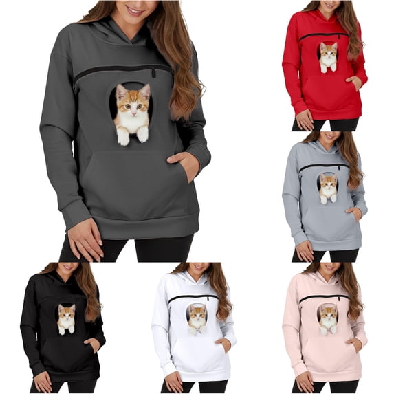 Cat Pouch Hoodie for Women, Pet Carrier Sweatshirt with Kangaroo Pocket, Oversized Pullover Top for Cat Lovers Home Lounging Casual Daily Wear