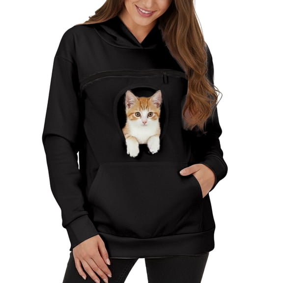 Cat Pouch Hoodies for Women Kangaroo Pocket Dog Pouch Sweatshirts Pet Carrier Pullover Animal Holder Cute Tops Black M
