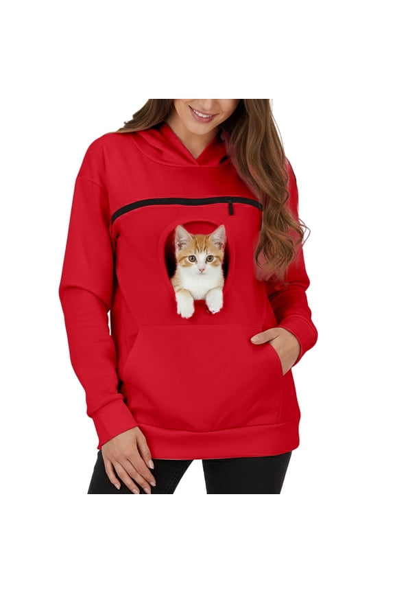 Cat Pouch Hoodies for Women Kangaroo Pocket Dog Pouch Sweatshirts Pet Carrier Pullover Animal Holder Cute Tops Red S