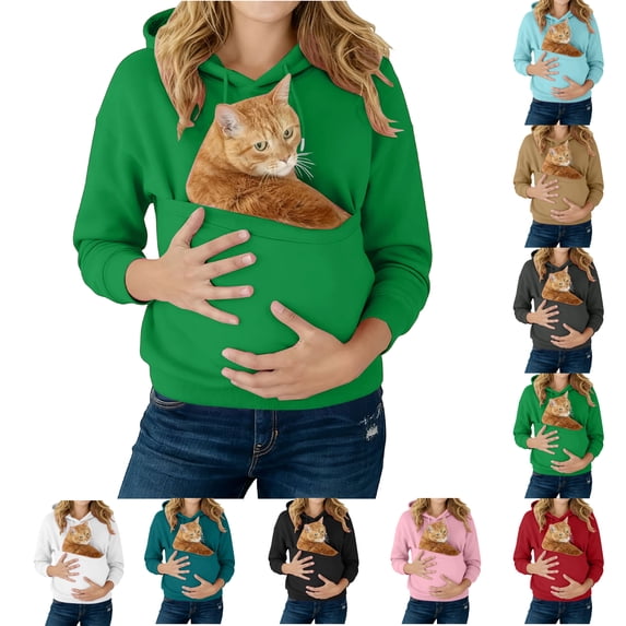 Cat Pouch Hoodies for Women Long Sleeve Kitten Puppy Holder Hoodies Sweatshirt Fashion Front Large Pouch Pet Carrier Sweatshirt Army Green S