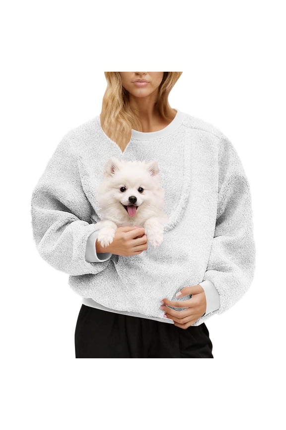 Cat Pouch Sweatshirt for Women Kangaroo Pocket Dog Pouch Sweatshirts Pet Carrier Pullover Animal Holder Solid Color Tops