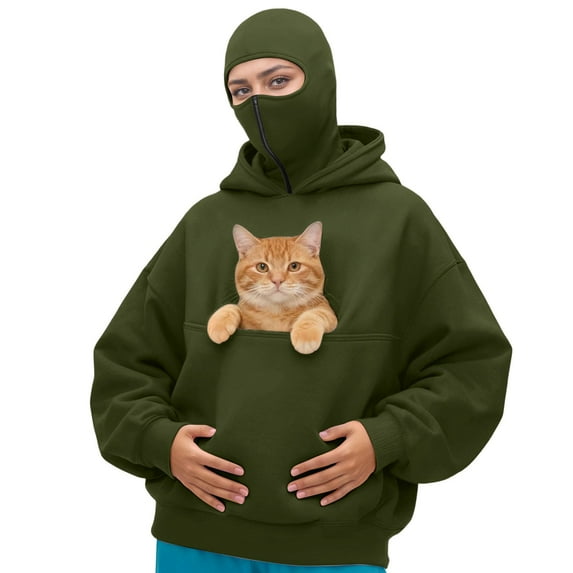 Cat Pouch Sweatshirts for Men Women Long Sleeve Kitten Puppy Holder Hoodies/Hoodless Front Large Pouch Pet Carrier Sweatshirt Pure Loose Cozy Pullover Tops 2-Army Green M