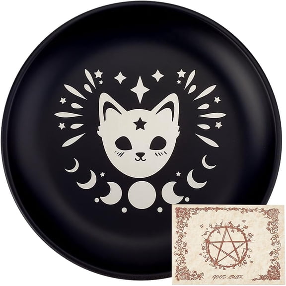 Cat Prayer Ritual Plate Stainless Steel Offering Bowl Flat Round Tray Prayer Offering Bowl Candle Holder with Divination Card Jewelry Dish for Smudging Incense Burner Meditation 5.55Inch