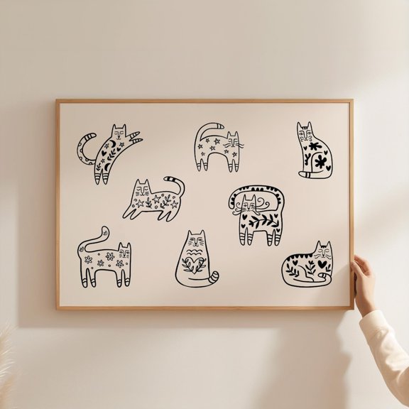 Cat Print Abstract Cat Wall Art Minimalist Feline Owner Trendy Decoration, Unframed Canvas 8x10in