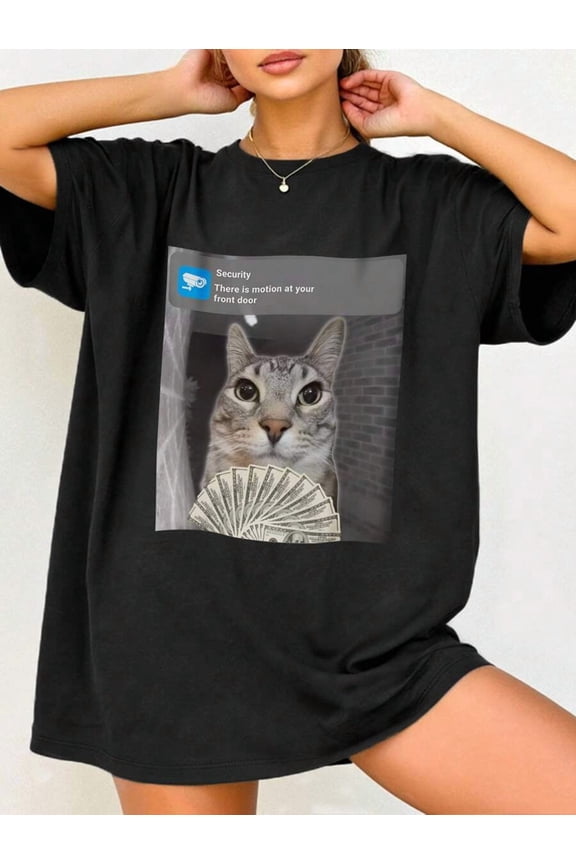 Cat Print Casual Crew Neck Short Sleeve T-Shirt, Versatile For Summer