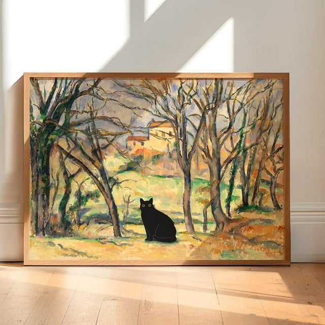 Cat Print Cezanne Trees And Houses Funny Gift Poster Wall Art Home