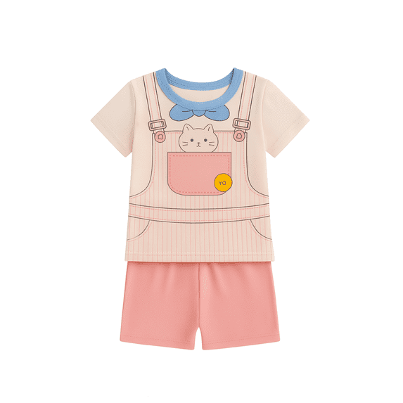 Cat Print Cotton Outfit Set, T-Shirt & Shorts, Beige & Pink - 18-24 Months