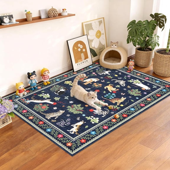 Cat Print Living Room Area Rug 4x6 Floral Dining Room Rugs for Under Table, Modern Bordered Washable Area Rugs with Non Slip Backing, Stain Resistant Soft Mats for Bedroom, Entryway, Blue
