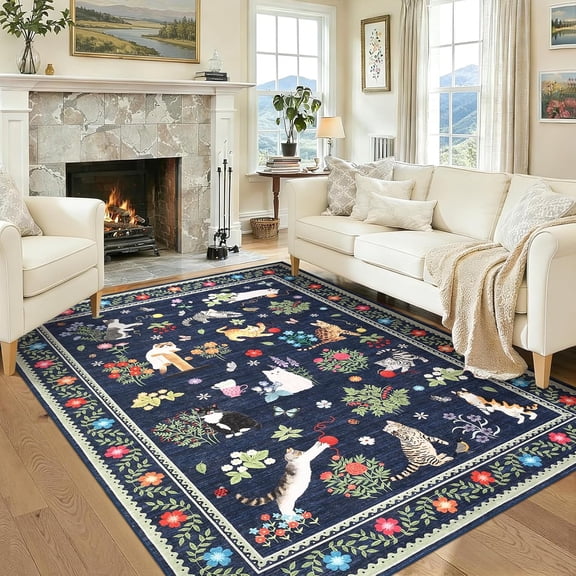 Cat Print Living Room Area Rug 6x9 Floral Dining Room Rugs for Under Table, Modern Bordered Washable Area Rugs with Non Slip Backing, Stain Resistant Soft Mats for Bedroom, Entryway, Blue