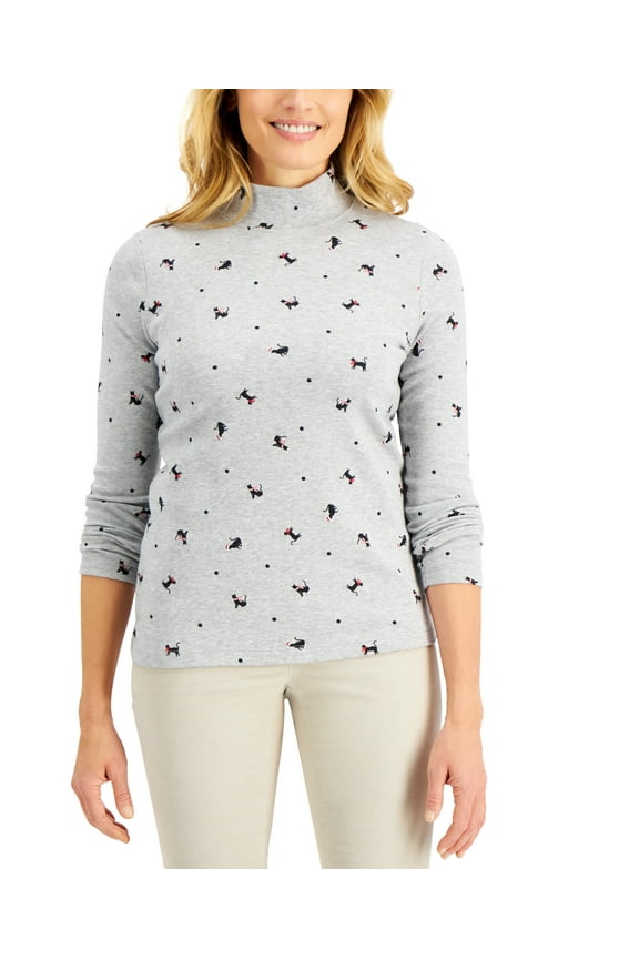 Cat-Print Mock-Neck Top Smoke Grey Heather S