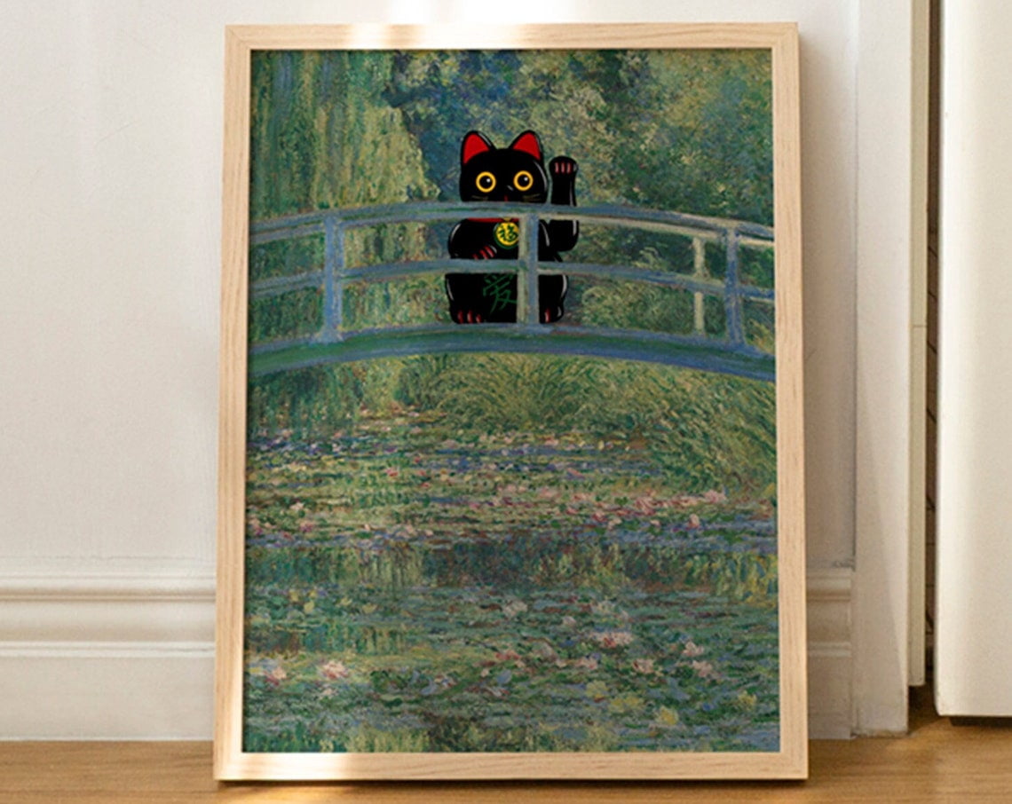 Cat Print Monet Water Lilies Bridge Lucky Cat Maneki Neko Funny Gift ...