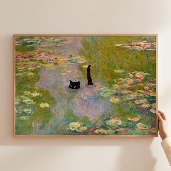 Cat Print Monet Waterlily Funny Gift Poster Black Cat Swimming Wall Art Home Decor
