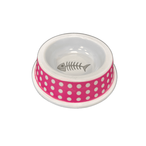 Cat Print Pet Dish, Fun, Functional Feeding Bowl with Fish Bone Design, Durable, Lightweight Plastic, Easy to Clean, Assorted Styles Perfect for Cat, Kittens, Mealtime Made Cute, Polka Dots, Pink