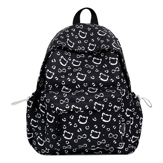 Cat Print School Backpack, Cute Aesthetic Backpack with Drawstring Side Pockets&Pendant, Lightweight Breathable Bookbag for Shopping Work Dating Daily Use, Black