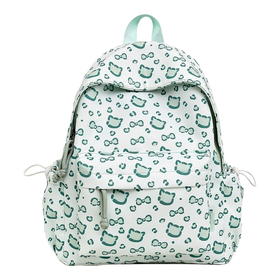 Cat Print School Backpack, Cute Aesthetic Backpack with Drawstring Side Pockets&Pendant, Lightweight Breathable Bookbag for Shopping Work Dating Daily Use, Green