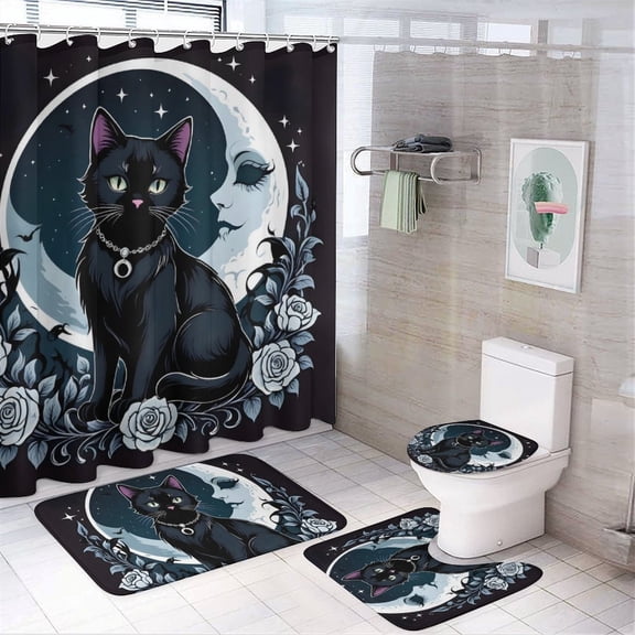 Cat Print Shower Curtain 4-Piece Bathroom Set, 72" x 72" Curtain with Toilet Cover Mat, U-Shaped Mat, Non-Slip Floor Rug, Cute Cat Decorative Theme