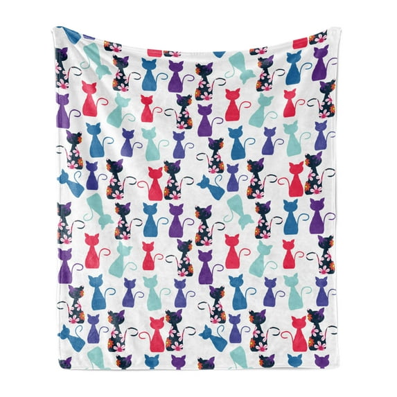 Cat Print Soft Flannel Fleece Throw Blanket, Baby Animals in Vivid Colors Flowers Funny Kittens Pattern Nursery, Cozy Plush for Indoor and Outdoor Use, 50" x 60", Multicolor, by Ambesonne