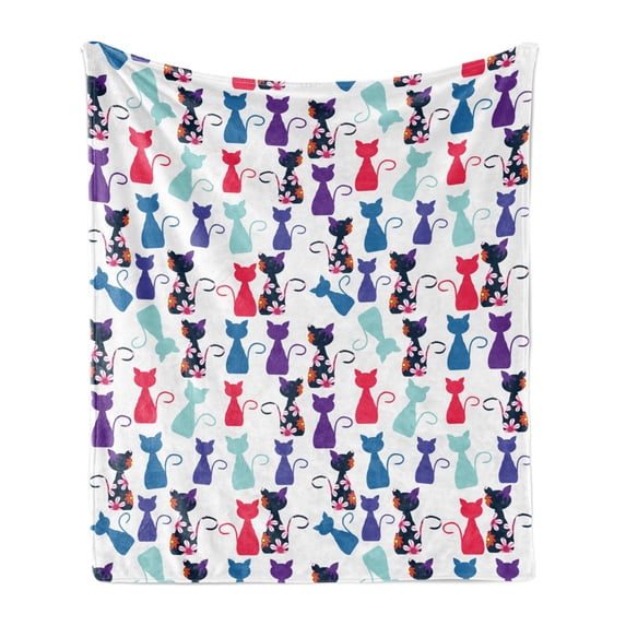 Cat Print Soft Flannel Fleece Throw Blanket, Baby Animals in Vivid Colors Flowers Funny Kittens Pattern Nursery, Cozy Plush for Indoor and Outdoor Use, 50" x 70", Multicolor, by Ambesonne