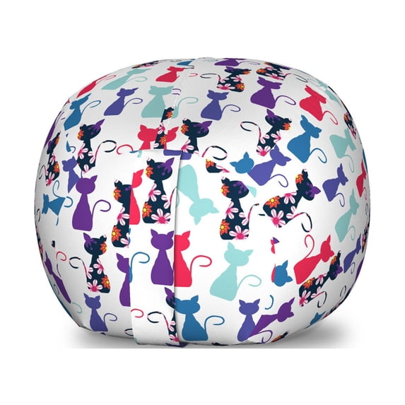 Cat Print Storage Toy Bag Chair, Animals in Vivid Colors Flowers Funny Kittens Pattern, Stuffed Animal Organizer Washable Bag, Small Size, Multicolor, by Ambesonne