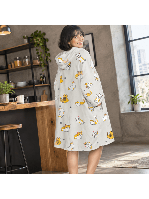 Cat Print Terry Cloth Swim Poncho Changing Robe Cover Up with Pocket