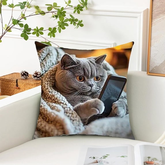 Cat Print Throw Pillow Cover 18x18 Inch, Colorful Cute Cat Pattern with Hidden Zipper, Soft Polyester Decorative Pillow for Sofa Couch Bed Home Decor
