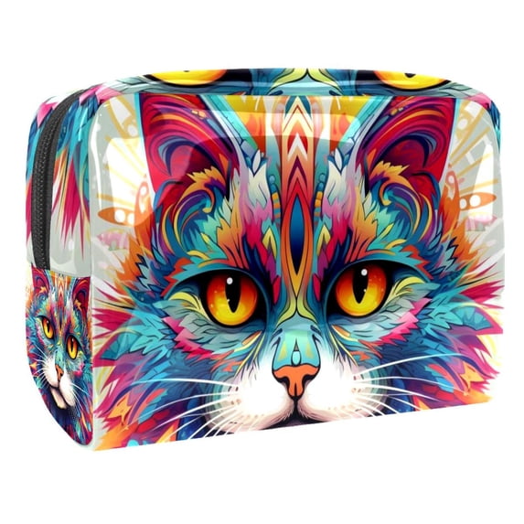 Cat Printed Design Waterproof PVC Cosmetic Travel Bag Makeup Pouch Small Leather Pouch Makeup Organizer Drawers Storage Lightweight Large Capacity for Ladies Girls Out and about