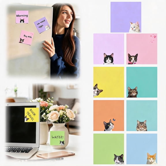 Cat Printed Sticky Notes 2.99 x 2.99 Inches 9 Pack, Pastel Color Kawaii Memo Pads, Reusable Self-Adhesive Sticky Note Set for Office Planning, Journaling & Household Reminder Labeling
