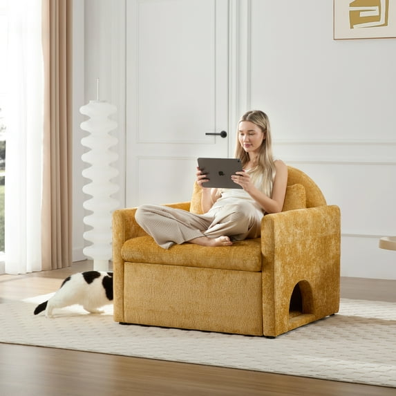 Modern Chenille Oversized Accent Chair - Cat-Friendly! Living Room Sofa, Yellow/Stone Gray, 36" Wide, Plush & Durable Fabric, Removable Covers
