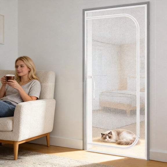 Cat Proof Mesh Door with Zipper, Heavy-Duty Pet Screen Door, No-Drill Self-Adhesive Mesh Curtain, Keep Cats In & Bugs Out-31.5"×78.7"
