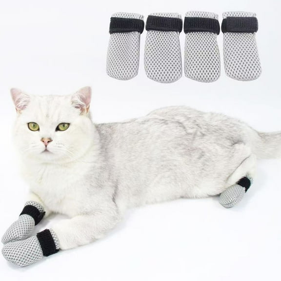 Cat Protective Accessories for Indoor Cats - Breathable Mesh Cat Shoes Set of 4 for Nail Trimming and Bathing -Scratch Mitten-style Covers for Cats