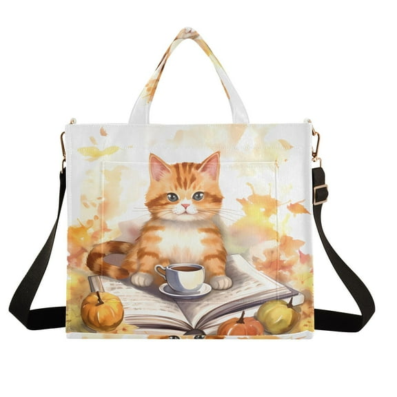 Cat Pumpkins Leaves Corduroy Tote Bag Handbag Large Messenger Bag Shoulder Crossbody Zipper Bag Purse