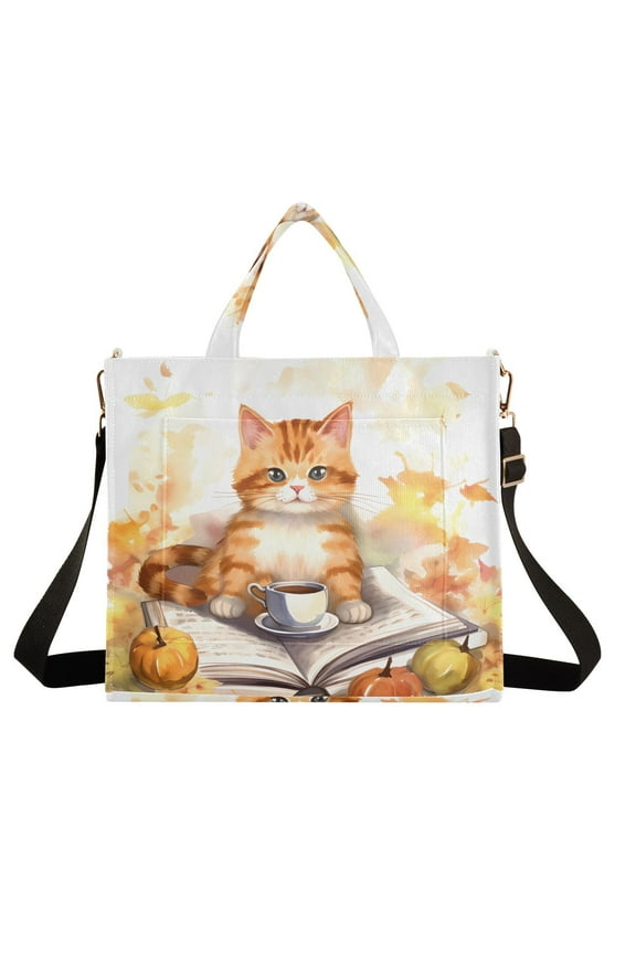 Cat Pumpkins Leaves Corduroy Tote Bag Handbag Large Messenger Bag Shoulder Crossbody Zipper Bag Purse
