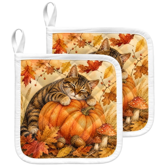 Cat Pumpkins Thanksgiving Pot Holders for Kitchen Heatproof Potholder, 2 Pack Fall Maple Leaves Vintage Art Hot Pads Multipurpose Oven Pads Terry Cloth Potholders Trivet for Cooking and Baking