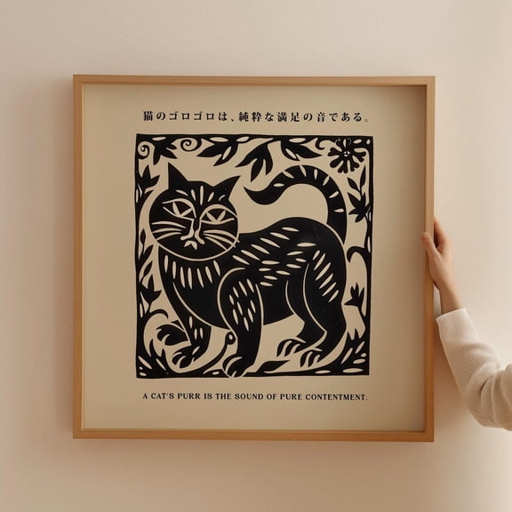 Cat Purr Wall Art Japanese Inspired Linocut Style Cat Poster With Contentment Quote Black And White Animal Square Poster For Home Decor Wall Art