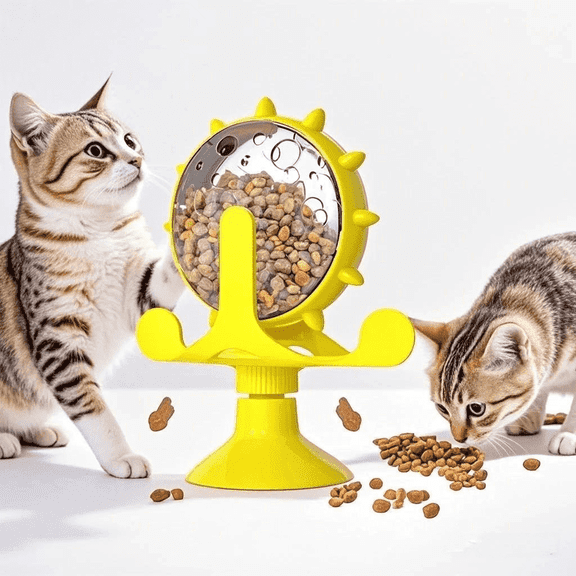 FWMB Interactive Cat Food Treats Dispenser Toy for Indoor Cats, 360° Rotating Windmill Suction Cup Toys for Small Pet, Puzzle Original Slow Dog Feeder Snack Distribution & Exercise Wheel Toy