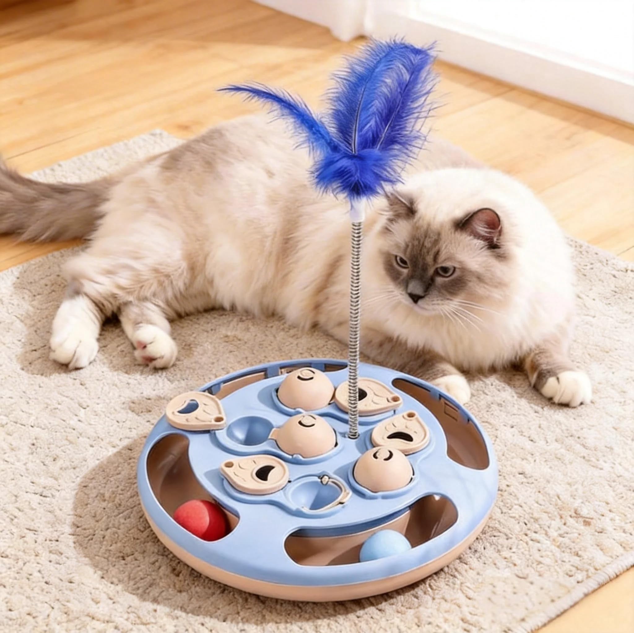 Cat Puzzle Toys,3 in 1 Cat Slow Feeder with Feather Teaser,Treat Dispenser,Balls Track,IQ Training and Mental Stimulating Enrichment Toys for Indoor Cats Interactive,Kitty Gift,Blue