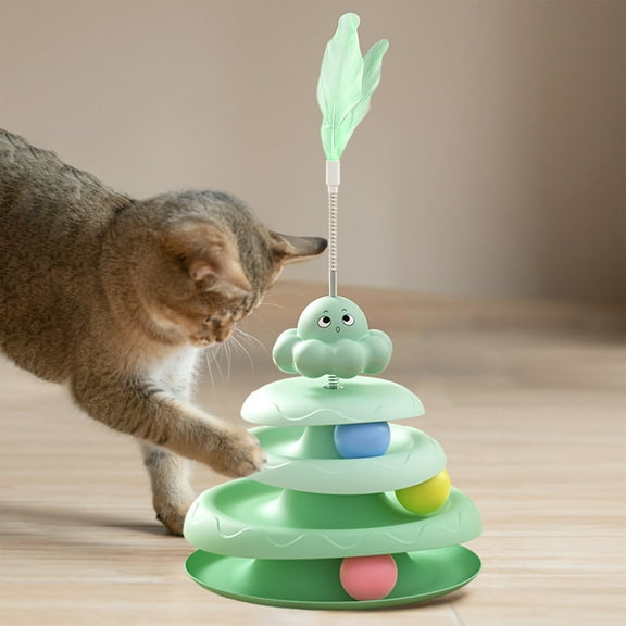 Cat Puzzle Toys Games Level 2 in 1 with Track Balls, Interactive Mentally Stimulating Cat Toys for IQ Training, Feather Teaser, Kitty Gift - Green