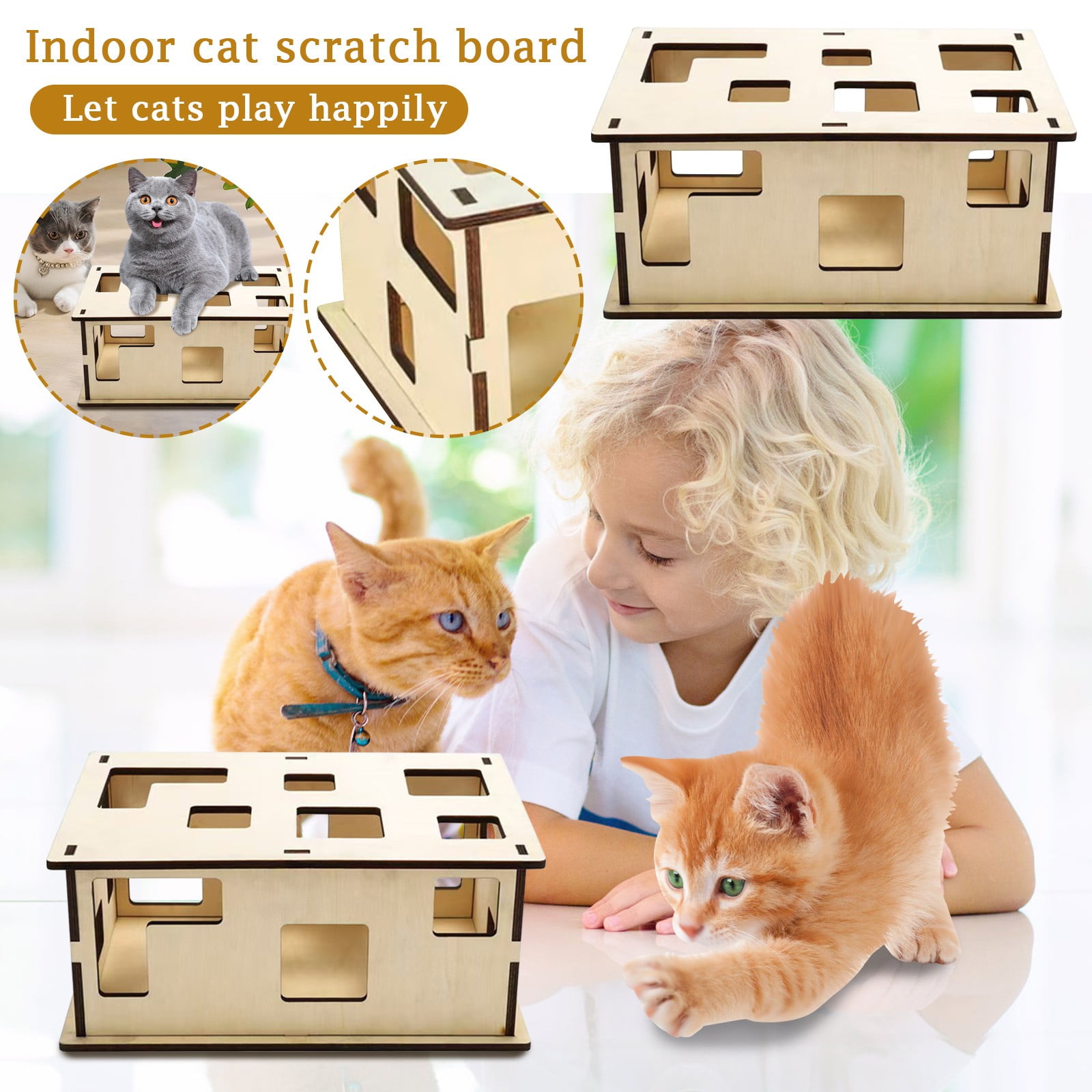Cat Puzzle Toys Wooden Maze Box for Indoor Cats，Interactive Smart Brain Trainer with Hide and Seek Ball Game，Mental Enrichment Toys to Reduce Boredom，Natural Wood，Wood Color