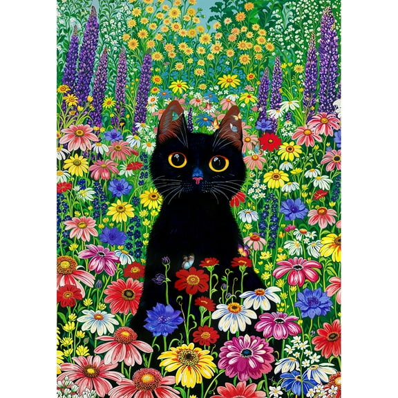 Cat Puzzle for Adults 1000 Pieces - Black Cat in Bloom Hard Difficult Jigsaw Puzzles, Vibrant Imagery for Garden and Cat, Animal Plant Jigsaws
