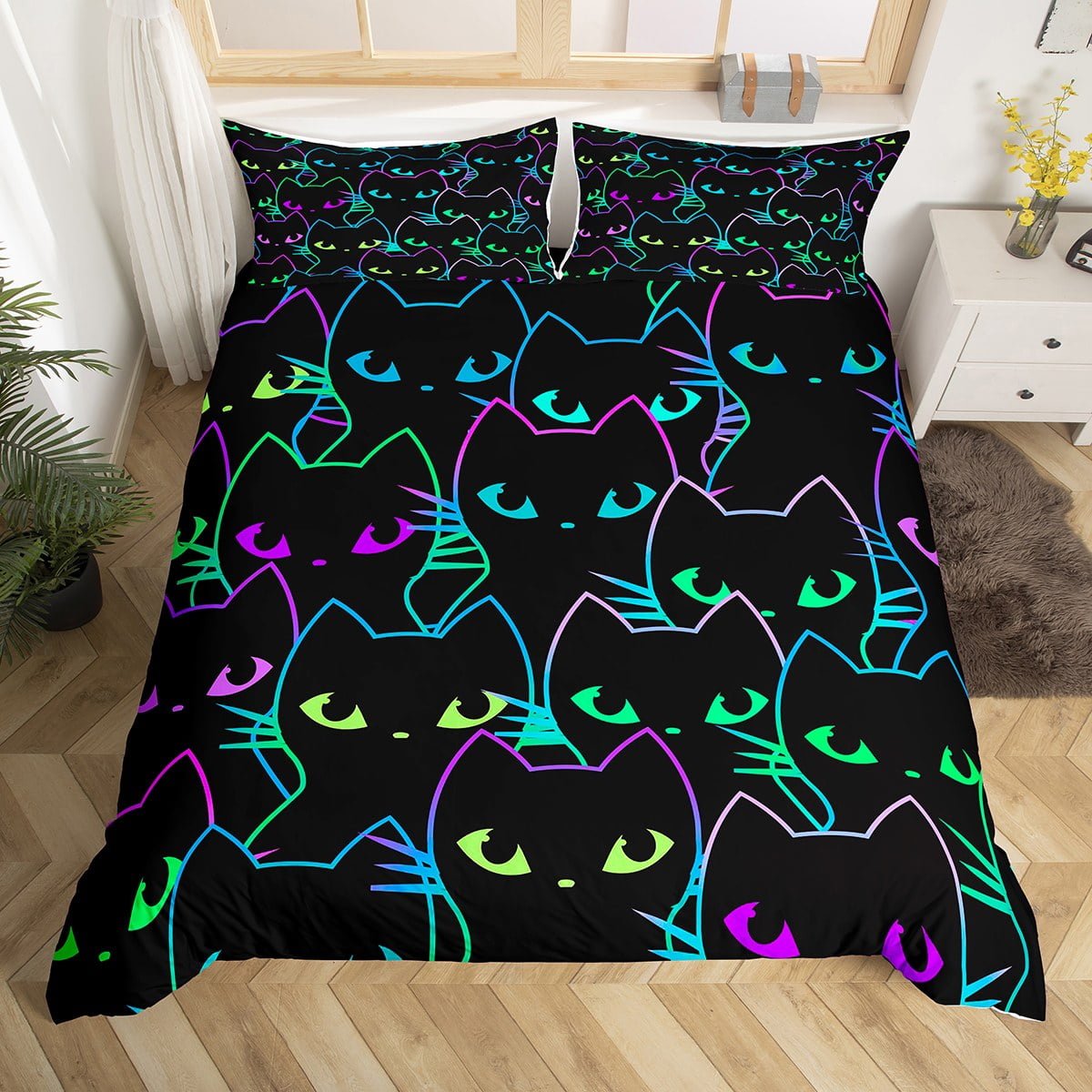 Cat Queen Bedding Set for Teen Boys Black Cat Gifts Comforter Cover Glowing Neon Ombre Cats